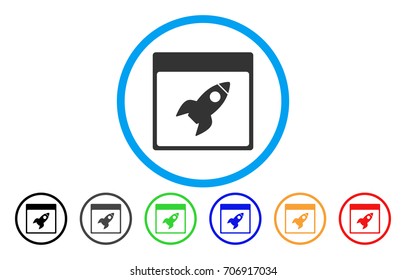 Rocket Calendar Page vector rounded icon. Image style is a flat gray icon symbol inside a blue circle. Bonus color versions are grey, black, blue, green, red, orange.