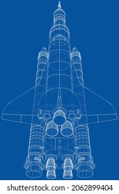 Rocket carrying space shuttle. Vector rendering of 3d. Wire-frame style. Elements of this image furnished by NASA