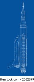 Rocket carrying space shuttle. Vector rendering of 3d. Wire-frame style. Elements of this image furnished by NASA