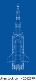 Rocket carrying space shuttle. Vector rendering of 3d. Wire-frame style. Elements of this image furnished by NASA