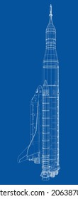 Rocket carrying space shuttle. Vector rendering of 3d. Wire-frame style. Elements of this image furnished by NASA