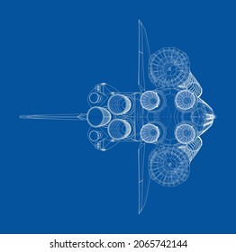 Rocket carrying space shuttle. Vector rendering of 3d. Wire-frame style. Elements of this image furnished by NASA