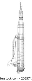 Rocket carrying space shuttle. Vector rendering of 3d. Wire-frame style. Elements of this image furnished by NASA