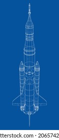 Rocket carrying space shuttle. Vector rendering of 3d. Wire-frame style. Elements of this image furnished by NASA