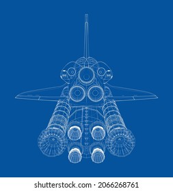 Rocket carrying space shuttle. Vector rendering of 3d. Wire-frame style. Elements of this image furnished by NASA