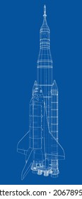 Rocket carrying space shuttle. Vector rendering of 3d. Wire-frame style. Elements of this image furnished by NASA