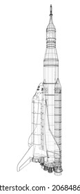 Rocket carrying space shuttle. Vector rendering of 3d. Wire-frame style. Elements of this image furnished by NASA