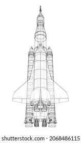 Rocket carrying space shuttle. Vector rendering of 3d. Wire-frame style. Elements of this image furnished by NASA