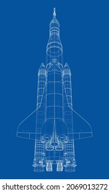 Rocket carrying space shuttle. Vector rendering of 3d. Wire-frame style. Elements of this image furnished by NASA