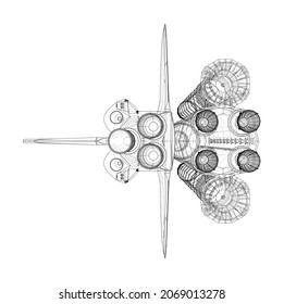 Rocket carrying space shuttle. Vector rendering of 3d. Wire-frame style. Elements of this image furnished by NASA