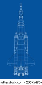 Rocket carrying space shuttle. Vector rendering of 3d. Wire-frame style. Elements of this image furnished by NASA