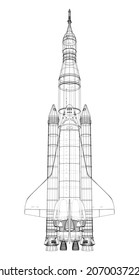 Rocket carrying space shuttle. Vector rendering of 3d. Wire-frame style. Elements of this image furnished by NASA