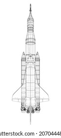 Rocket carrying space shuttle. Vector rendering of 3d. Wire-frame style. Elements of this image furnished by NASA