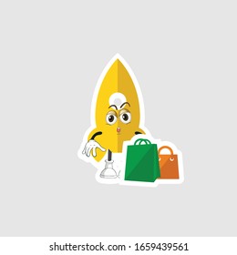 rocket cartoon character design with expression and shopping bag. you can use for stickers, pins or patches