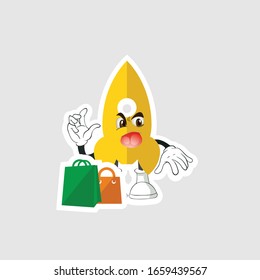 rocket cartoon character design with expression and shopping bag. you can use for stickers, pins or patches