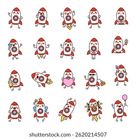 Rocket cartoon characters with emotions and actions for cute space themed educational magical lifestyle festive illustrations in kawaii outline style