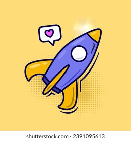 Rocket cartoon children poster with love sign. Flat vector transportation technology illustration. Suitable for social media post, banner, and coloring book.