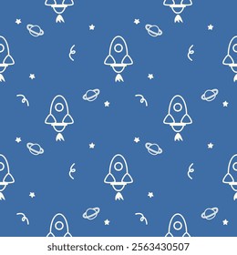 Rocket cartoon so cute. On Saturn star blue background. Pattern seamless vector illustration. 