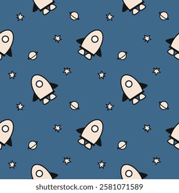 Rocket cartoon so cute. On Saturn star blue background. Pattern seamless vector illustration. 
