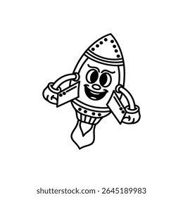 Rocket cartoon design in flight. Black and white vector Rocket mascot illustration.
