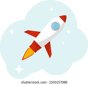 Rocket, cartoon rocket flying icon in the sky on a background of stars. Vector, cartoon illustration.