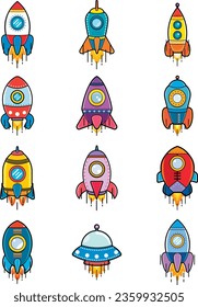 Rocket cartoon flying to the space, Rocket launch spaceship, Vector illustrator
