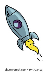 Rocket cartoon hand drawn image. Original colorful artwork, comic childish style drawing.