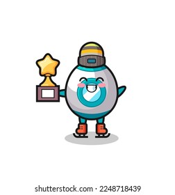 rocket cartoon as an ice skating player hold winner trophy , cute style design for t shirt, sticker, logo element