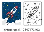 Rocket cartoon line art for kids coloring page book vector illustration