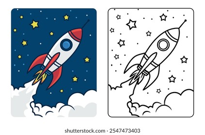 Rocket cartoon line art for kids coloring page book vector illustration