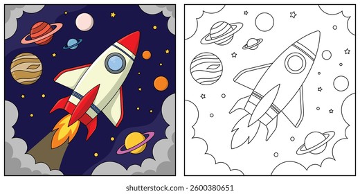 Rocket cartoon line art for kids coloring page book vector illustration