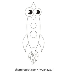 Rocket cartoon. Outlined flying vehicle with black stroke.