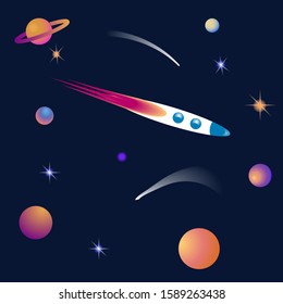 Rocket, cartoon, stars, planets, comets - illustration, abstract, art, vector. Space exploration. Space Tourism