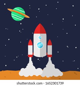 Rocket with cartoon style and flat color launch from mars. Space vector.