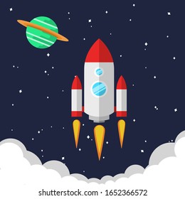 Rocket with cartoon style and flat color launch to the moon.