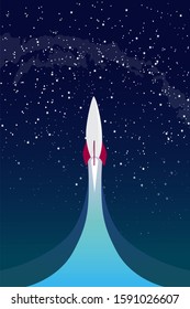 rocket in the cartoon style goes up to conquer space, the concept of a startup and the scientific breakthrough. spacecraft flies to the stars to explore new worlds.