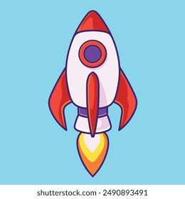 Rocket Cartoon Vector Icon Illustration Flying in Space. Isolated Science Technology Icon Concept