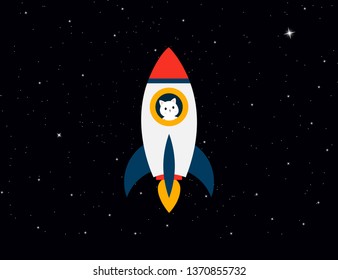 Rocket with cat astronaut on background stars sky. Rocket with a cat flies up. Cat with rocket in space. Eps10