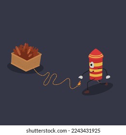 A rocket character setting off fireworks. New Year's eve