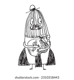 Rocket character in ski mask and hat with bag of money in hand drawn doodle style