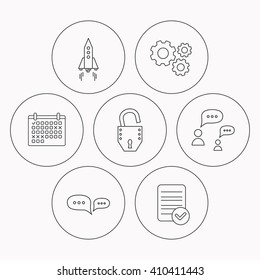 Rocket, chat speech bubble and open lock icons. Check file, calendar and cogwheel icons. Vector