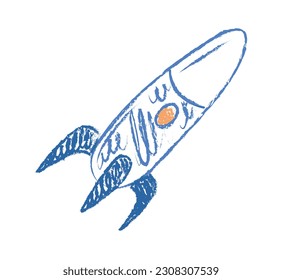 Rocket childrens drawing. Blue spaceship for travels and adventures. Fantasy and imagination. Sticker for social networks and messengers. Linear flat vector illusdtration isolated on white background