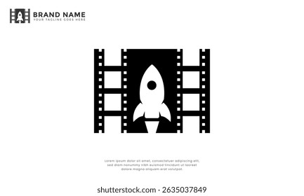 Rocket Cinema Logo. Modern logo combination filmstrip with rocket, symbolizing innovation, future, and high-quality production in entertainment or space-related media
