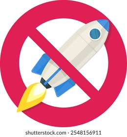 Rocket with a circular red strikethrough prohibition symbol in flat design style (cut out)