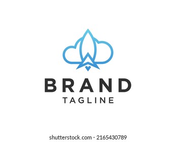 Rocket Cloud Logo Line. Blue Rocket with Blue Cloud Combination in Linear Style isolated on White Background. Usable for Business and Technology Logos. Flat Vector Logo Design Template Element.