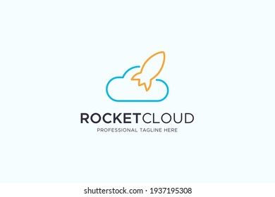 Rocket Cloud Logo Line. Yellow Rocket with Blue Cloud Combination in Linear Style isolated on White Background. Usable for Business and Technology Logos. Flat Vector Logo Design Template Element.