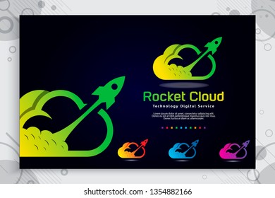 Rocket cloud vector logo with colorful and simple style, illustration cloud and rocket as a symbol icon of digital template technology or software company
