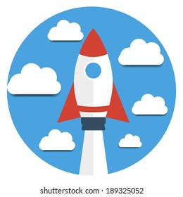 Rocket and clouds. Start up new business project. 