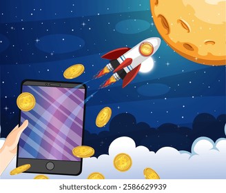 Rocket and coins soaring towards the moon