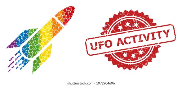Rocket collage icon of round dots in various sizes and LGBT color tones, and UFO Activity scratched rosette watermark. A dotted LGBT-colored Rocket for lesbians, gays, transgenders,